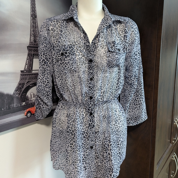 River Island Tops - River Island Black and White Animal Print Button-Down Shirt